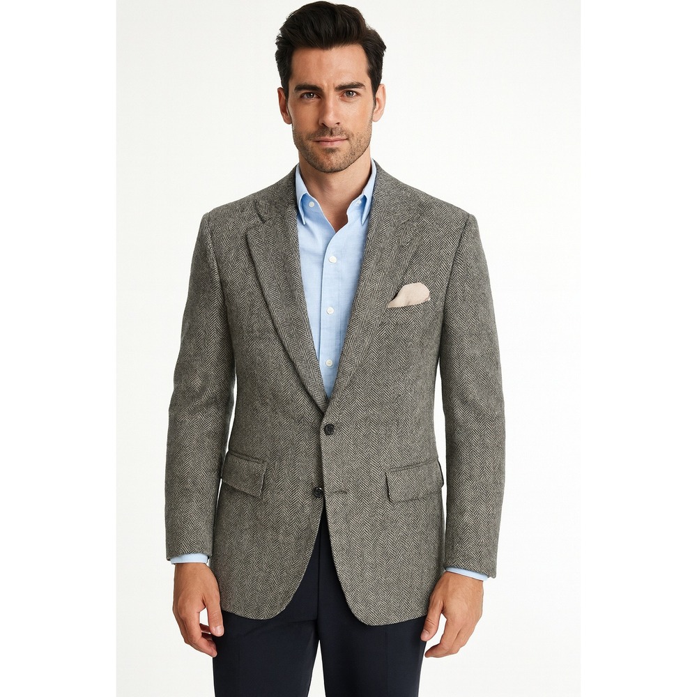 Savile Row Sport Coat Mens 42 Gray Herringbone Classic Wool Blazer Tweed Jacket